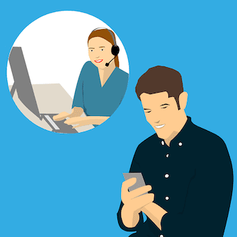 This is a graphic which shows a man on a cell phone and a woman with a phone headset on sitting in front of an open laptop. It is used on this site to illustrate Complaint resolution.
